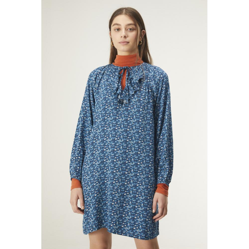 Vestido COMPAÑÍA FANTÁSTICA corto evasé volante microestampado floral azul 23C-11066