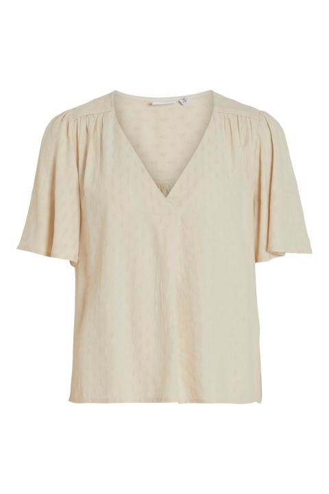 Top VILA manga corta vuelo tejido textura escote pico beige VIYARINA 14082699