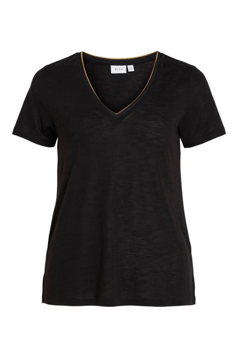 Camiseta VILA manga corta escote en V ribete dorado negra VINOEL LUREX 14080877