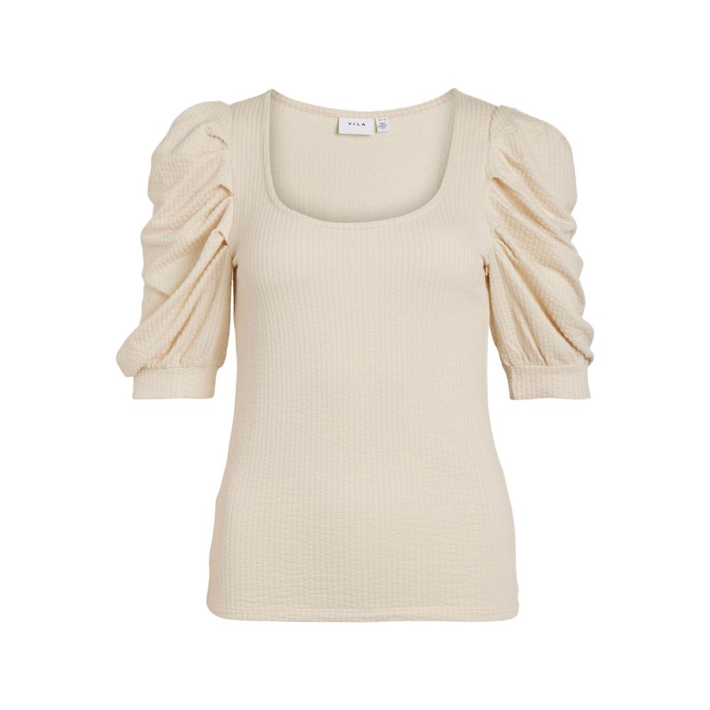 Top VILA manga corta abullonada escote en U beige VICORINAA 14084927