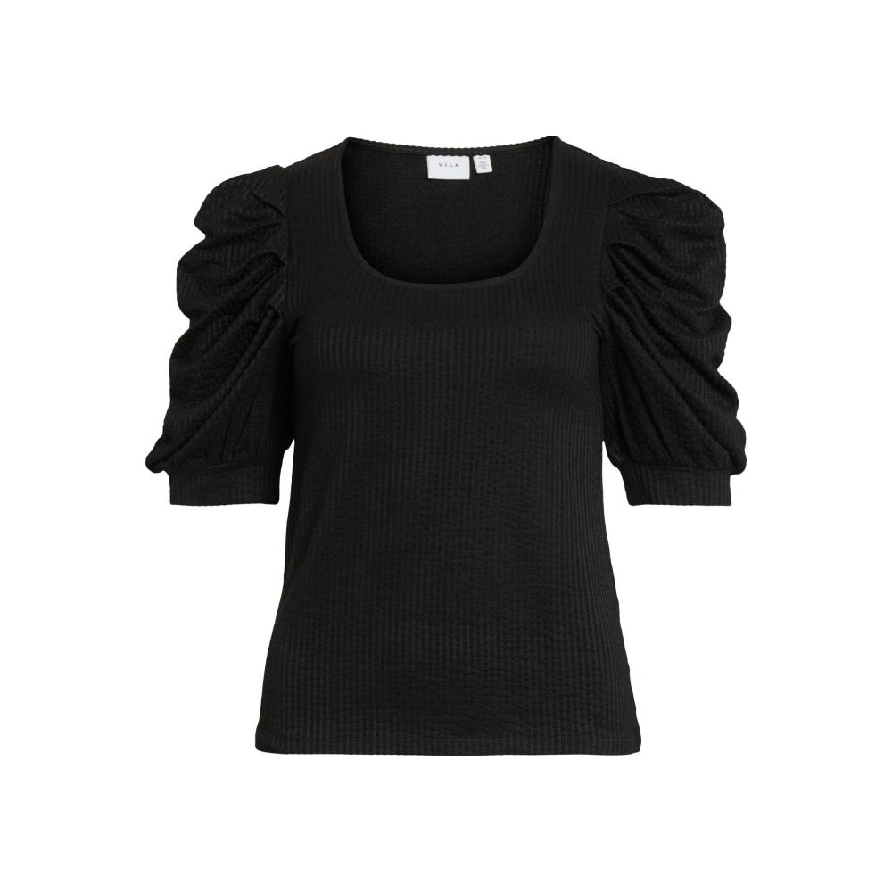Top VILA manga corta abullonada escote en U negro VICORINAA 14084927