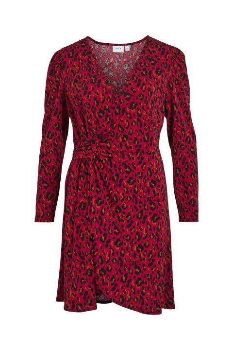 Vestido VILA corto cruzado detalle drapeado animal print rojo remolacha VIGLENDA 14090285