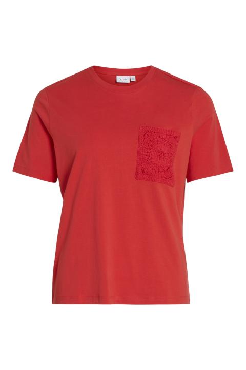Camiseta VILA Cuello Redondo Manga Corta Detalle Bolsillo Crochet Rojo VISYBIL CROCHET 14093300