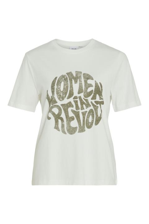 Camiseta VILA Blanca Manga Corta Texto  "WOMEN IN REVOLT " Verde Kaki VISYBIL 14093623