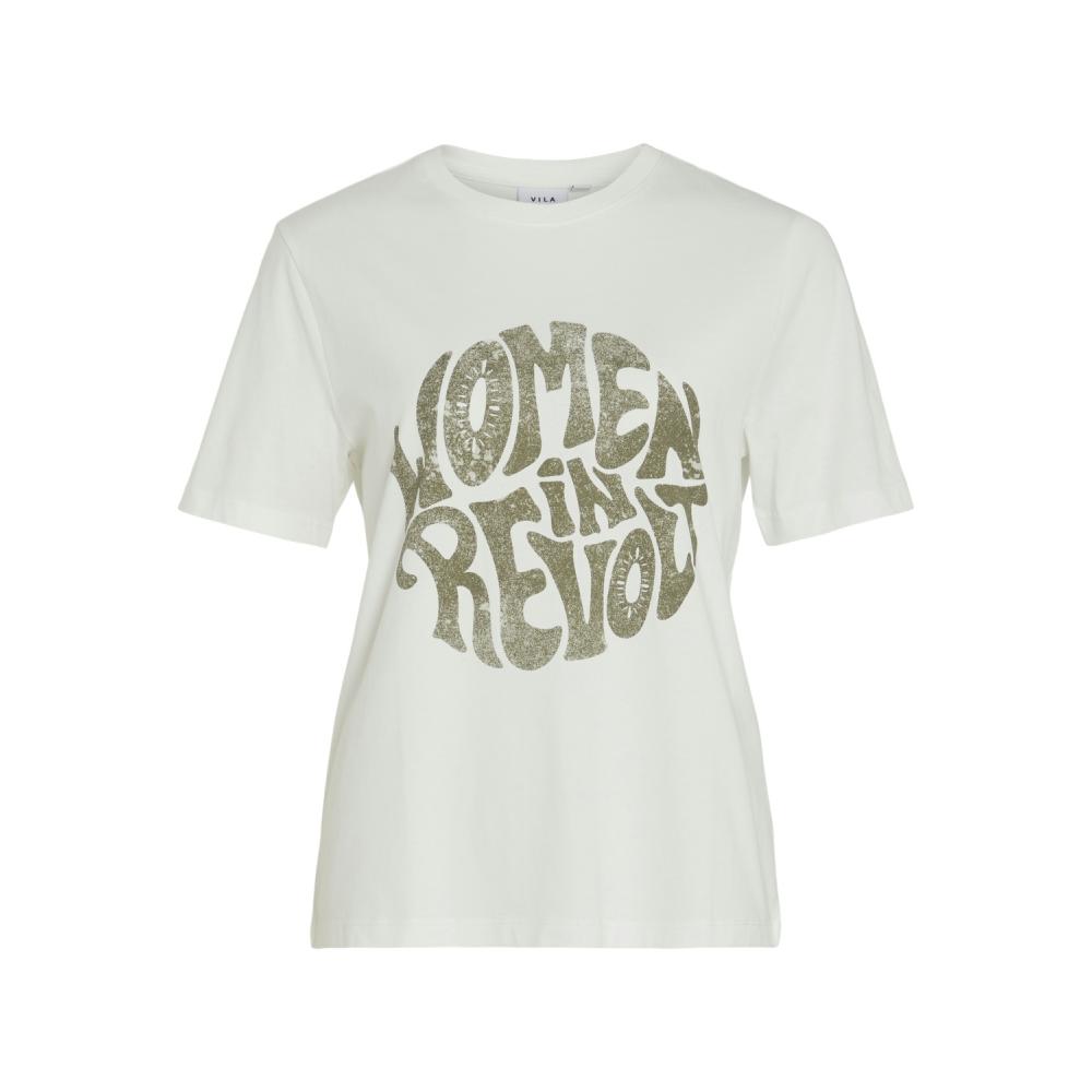 Camiseta VILA Blanca Manga Corta Texto  "WOMEN IN REVOLT " Verde Kaki VISYBIL 14093623